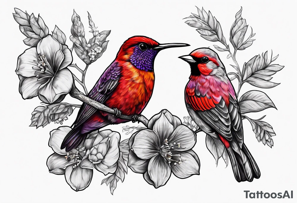Got his dark sad Purple hummingbird, yellow finch, red cardinal, flower garden, tattoo idea