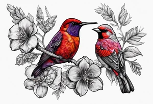 Got his dark sad Purple hummingbird, yellow finch, red cardinal, flower garden, tattoo idea