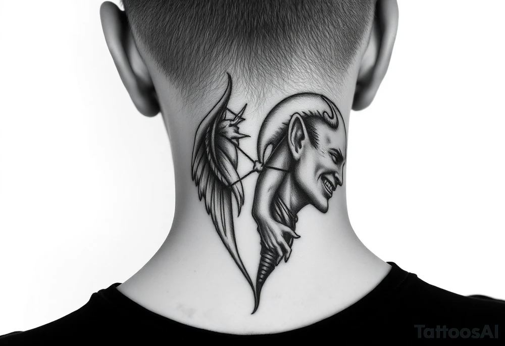 position behind the neck Angel (on the right) whispering in the right ear, demon (on the left) whispering in the left ear. It must be as realistic as possible. tattoo idea