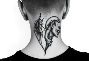 position behind the neck Angel (on the right) whispering in the right ear, demon (on the left) whispering in the left ear. It must be as realistic as possible. tattoo idea