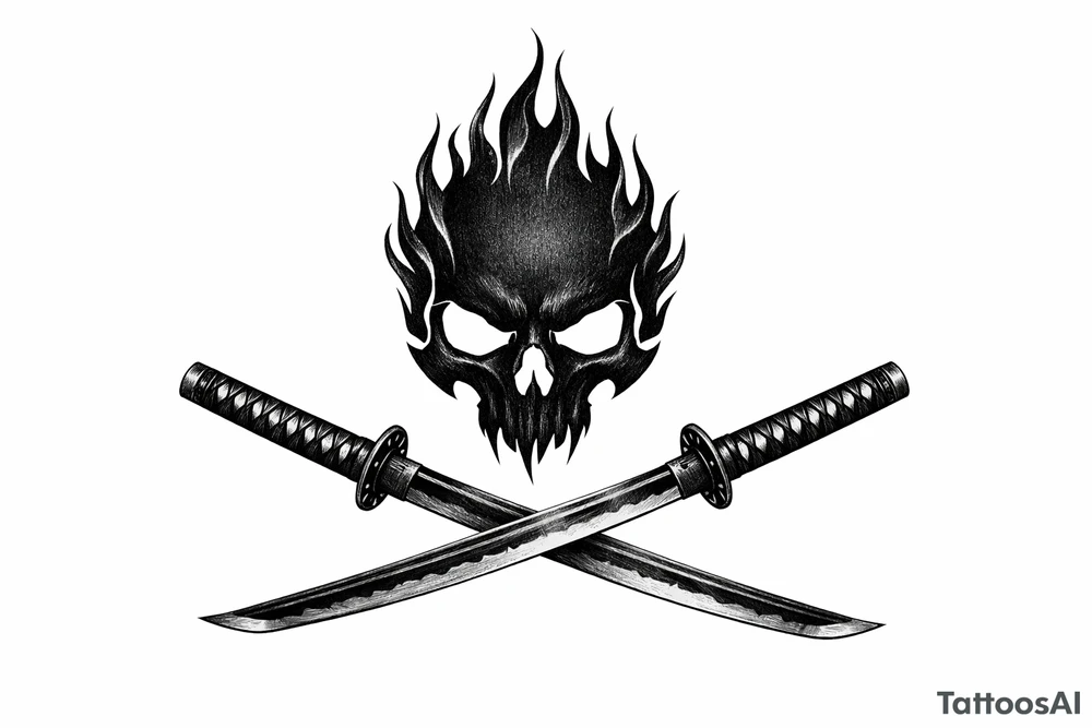 A minimalist skull silhouette with sharp flame outlines, crossed katanas crossed below. tattoo idea