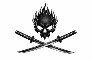 A minimalist skull silhouette with sharp flame outlines, crossed katanas crossed below. tattoo idea