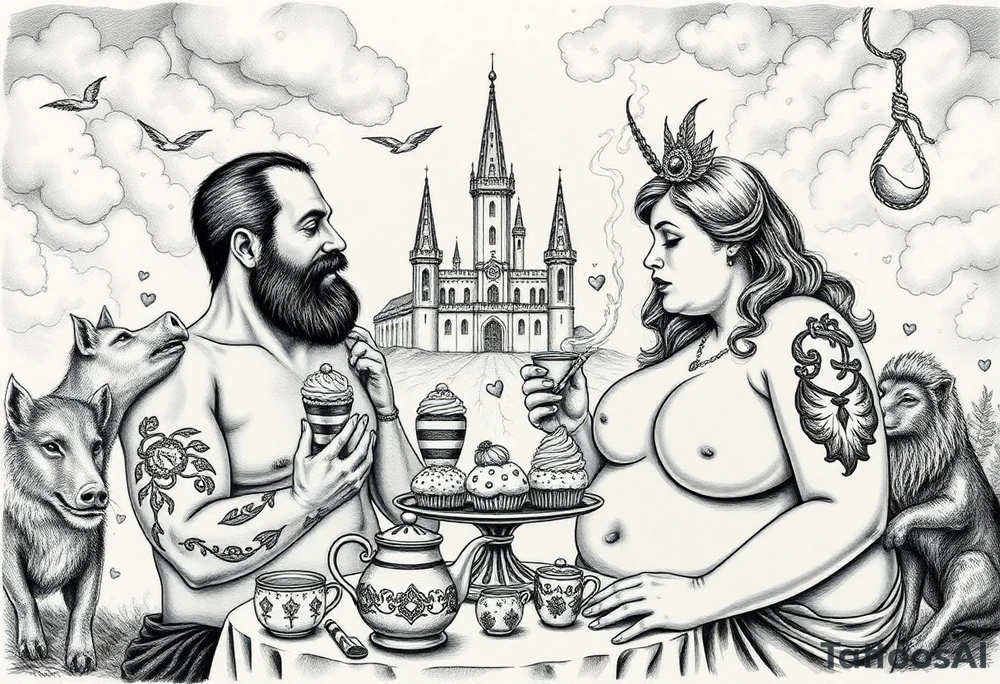 Naked Man and fat woman having sex eating cupcakes and  fruit  having sexy naked fat lady having a tea party with tea pots  with medieval castle  
with mystical  aries a pigs, peacock,  lion, goat, noose and smoking cigerettes looking in the mirror thru storm clouds and broken hearts and darkness and wrath, envy , gluttony, greed, sloth, pride . Gothic tattoo idea
