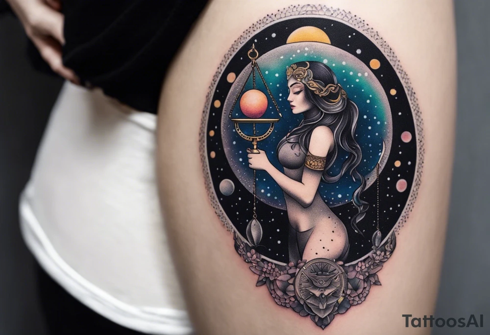 Libra woman holding scales with a night zodiac background including a half moon that encircles half of the woman with vibrant colors tattoo idea