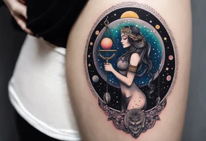 Libra woman holding scales with a night zodiac background including a half moon that encircles half of the woman with vibrant colors tattoo idea