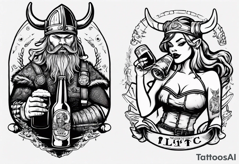 Viking and pin up doll drinking beer tattoo idea