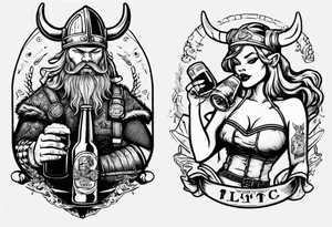 Viking and pin up doll drinking beer tattoo idea