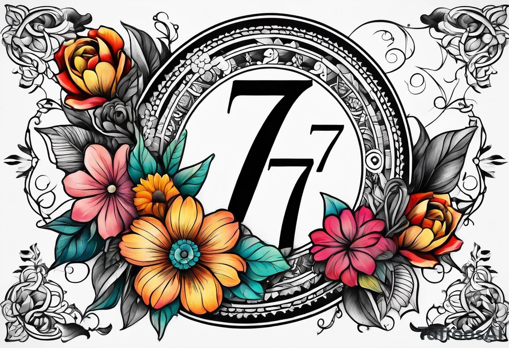 The number seven surrounded by colorful flowers tattoo idea The number seven surrounded by colorful flowers tattoo idea