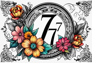The number seven surrounded by colorful flowers tattoo idea