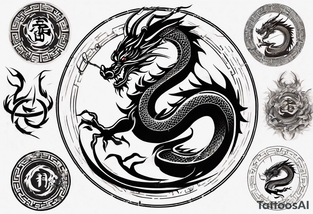 Chinese dragon in a circular shape with "02.03" written on its skin tattoo idea