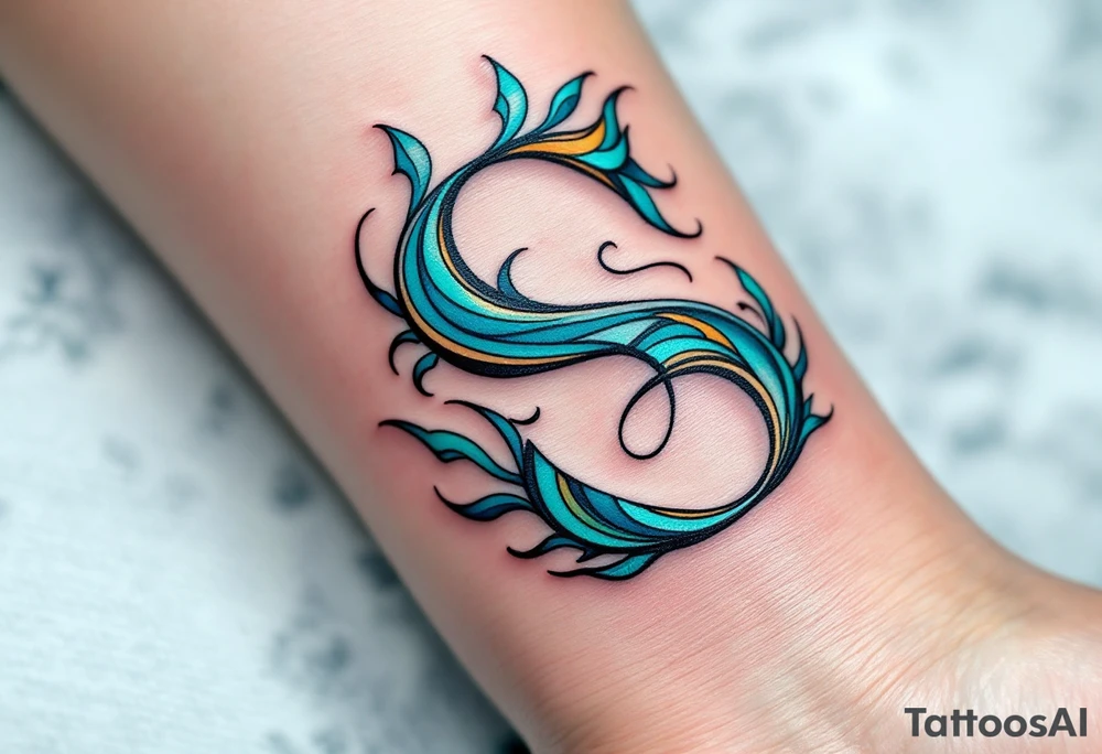 A turquoise "S" surrounded by tribal patterns in bold black lines. tattoo idea