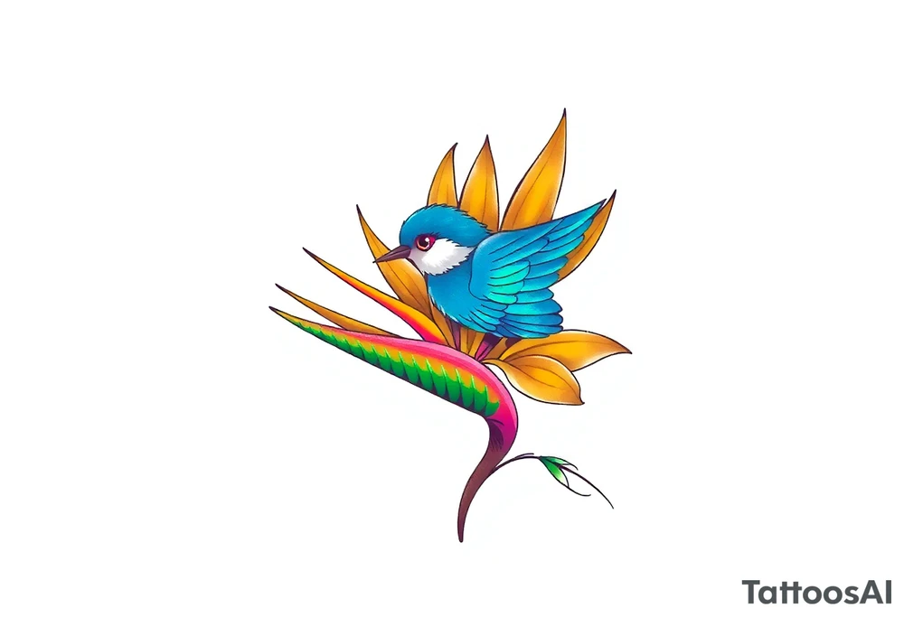 Bird of paradise flower with blue bird tattoo idea