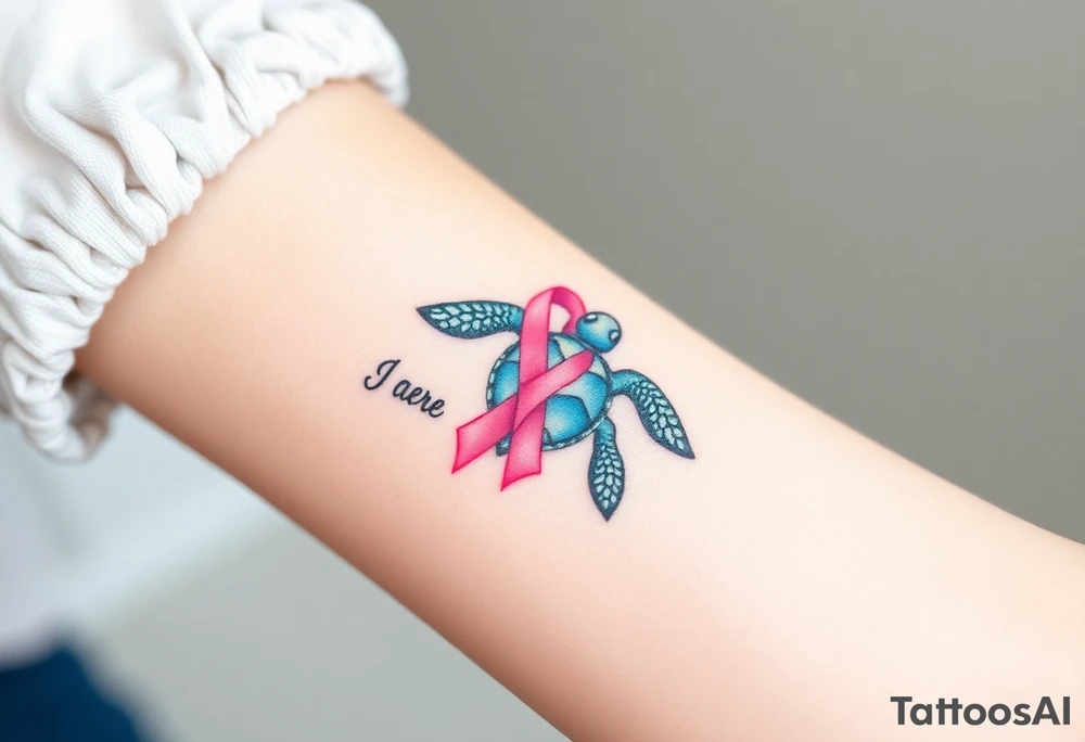 I am here pink ribbon sea turtle theme tattoo idea