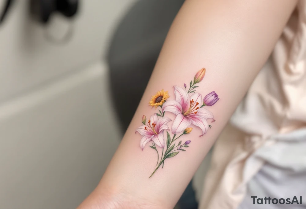 Dainty Stargazer lillies pale pink with no outline 
with small yellow sunflowers and pale purple tulip buds in a dainty wildflower bouquet with light green stems tattoo idea