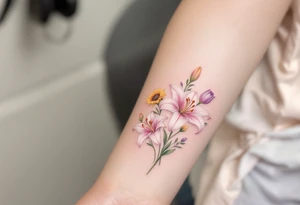 Dainty Stargazer lillies pale pink with no outline 
with small yellow sunflowers and pale purple tulip buds in a dainty wildflower bouquet with light green stems tattoo idea