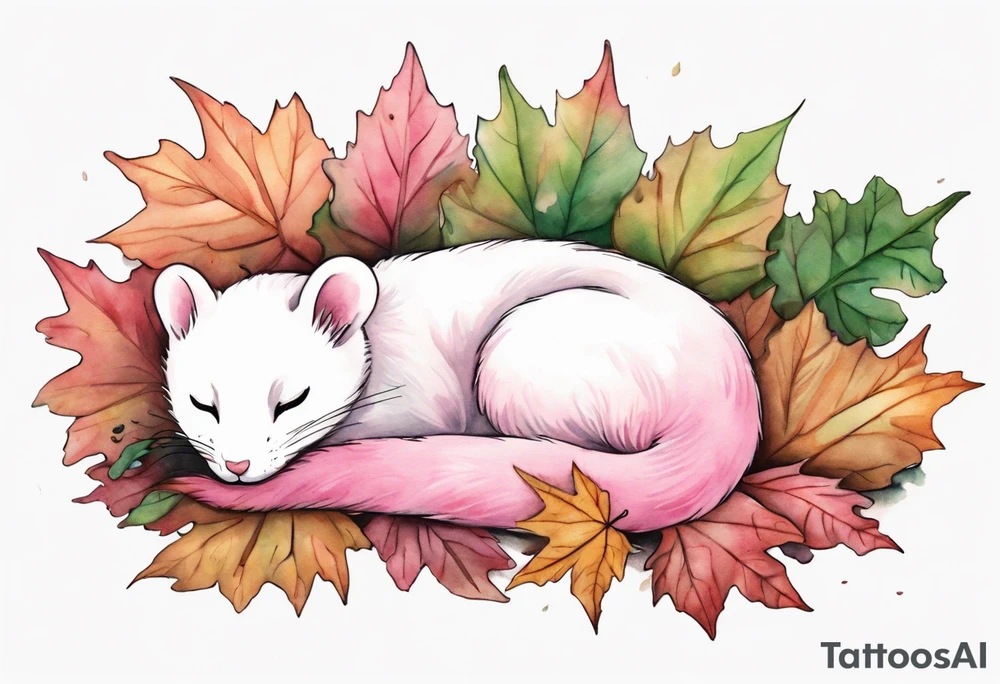 a pink ermine sleeping in a pile of leaves in a forest tattoo idea