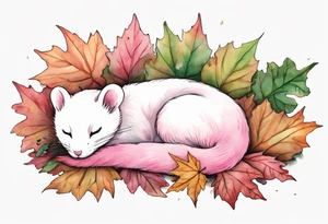 a pink ermine sleeping in a pile of leaves in a forest tattoo idea