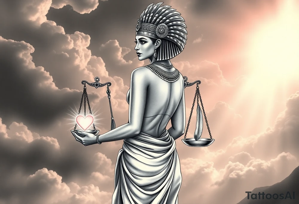 beautiful Egyptian goddess stands with her back slightly turned, accentuating her figure. Wearing a silk gown. She wears an elaborate ostrich feather headdress and ornate, intricate ancient Egyptian jewelry draped across her body. Her expression is mysterious and confident. In one hand, she holds the Scales of Justice: one side holds a radiant, glowing heart; the other, Ma’at’s feather. The scales themselves shimmer with an otherworldly light.
The background is a surreal, heavenly landscape filled with luminous clouds and beams of divine light piercing through, creating dramatic contrasts of deep shadows and highlights. The entire scene is bathed in an ethereal, mystical glow, with a dreamlike, almost supernatural atmosphere. tattoo idea