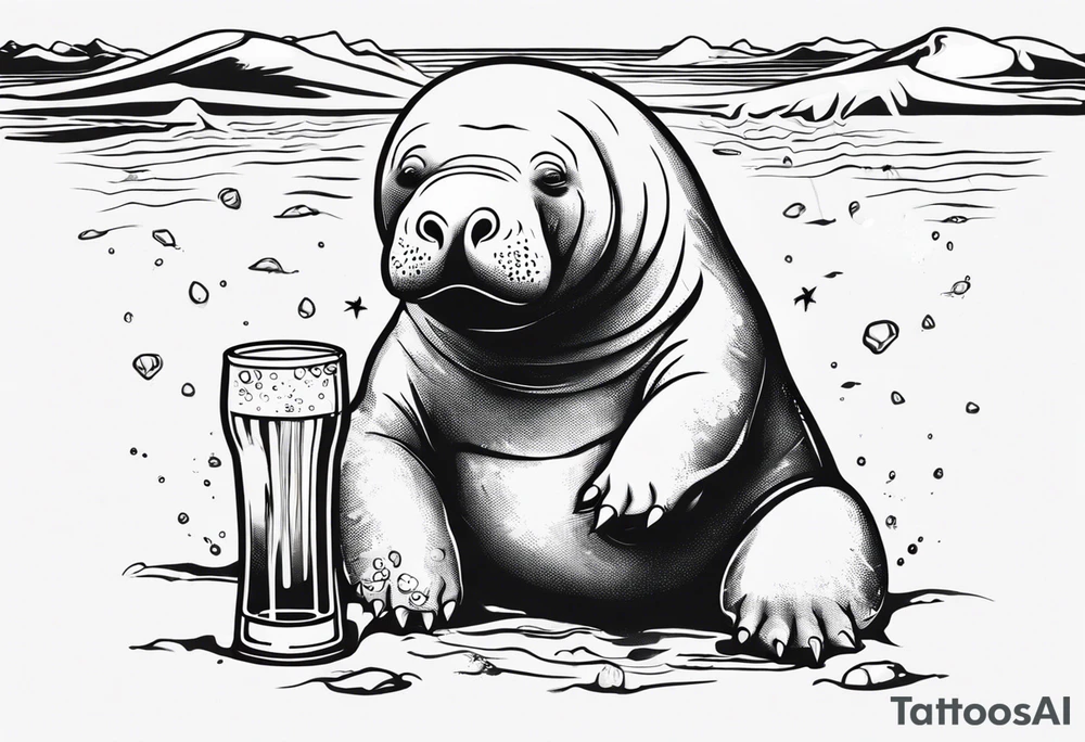 a manatee drinking beer while chilling on the beach tattoo idea