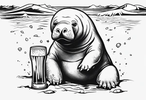 a manatee drinking beer while chilling on the beach tattoo idea