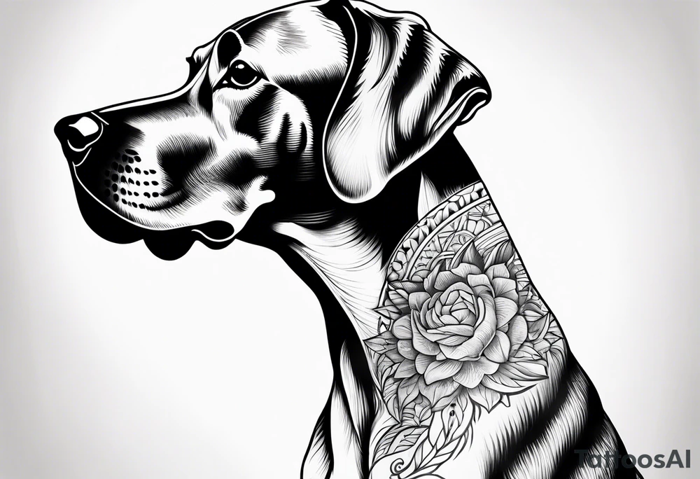 Arm sleeve with floppy ear Great Dane standing fiercely chest up with full work tattoo idea