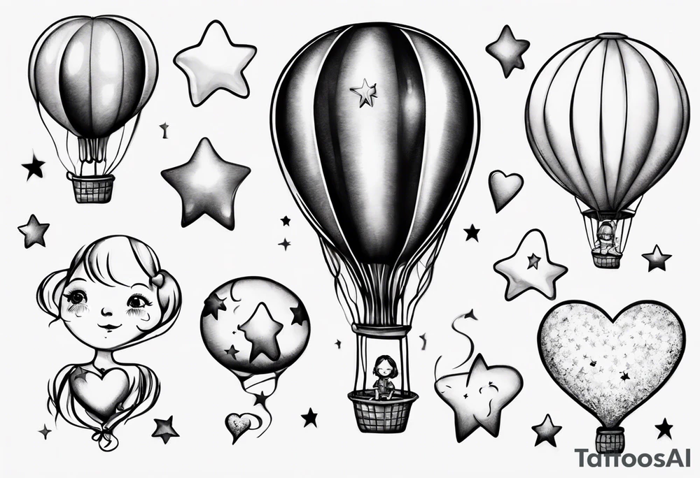 Hot water balloon with star and heart balloons and little girl inside the balloon dreaming tattoo idea