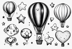 Hot water balloon with star and heart balloons and little girl inside the balloon dreaming tattoo idea