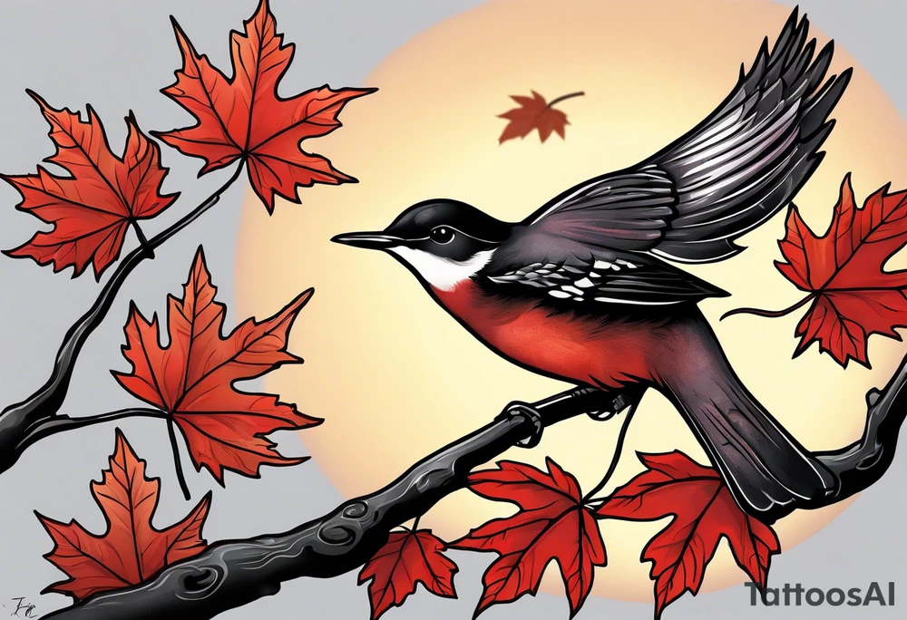 full left arm. Long tattoo A maple tree with red autumn leaves that branches upwards. White-throated dipper bird on the trees branches. Calluna flowers at the base of the trees stem. Tree stem has dark colors. Red/yellow sunset behind the trees stem. Leaves falling. tattoo idea