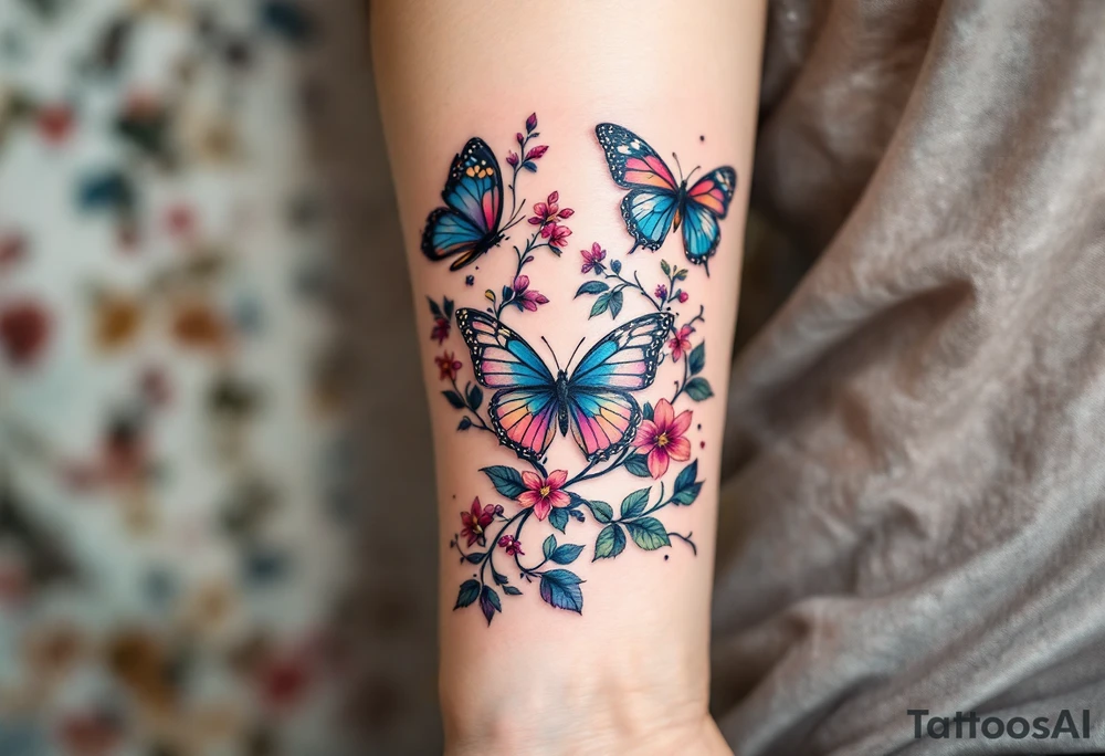 Colorful butterflies and vines tattoo idea