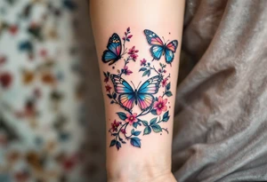 Colorful butterflies and vines tattoo idea