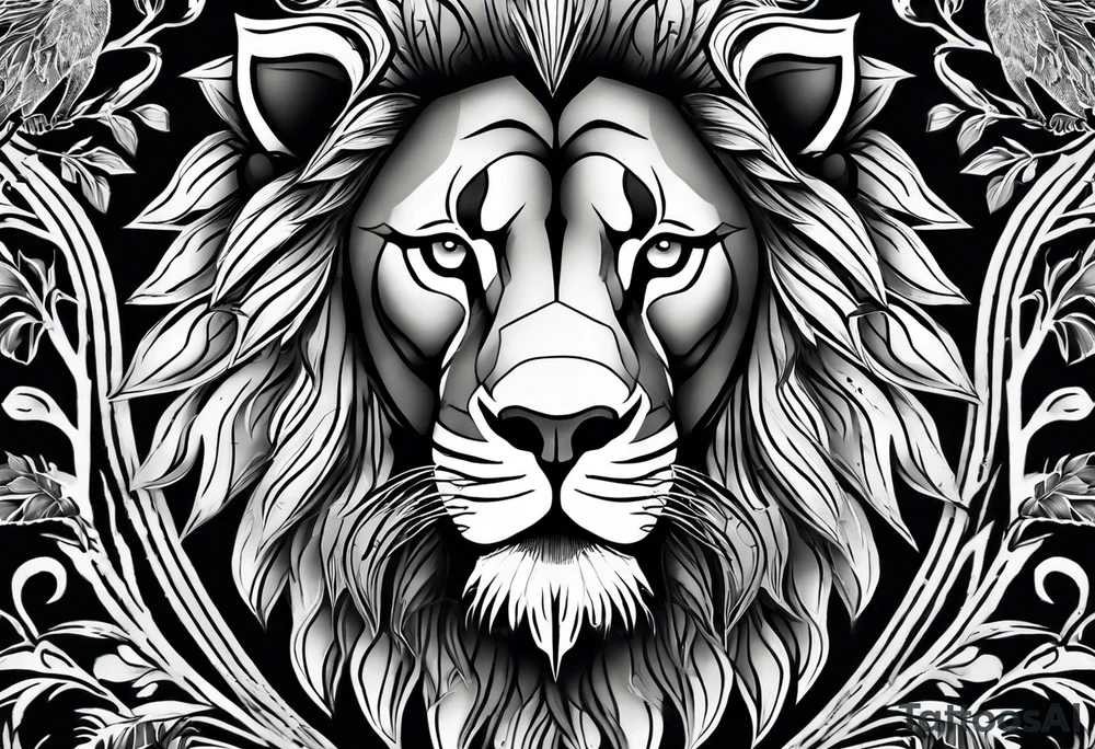 lions face transposed into a dark forest tattoo idea