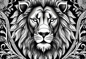 lions face transposed into a dark forest tattoo idea