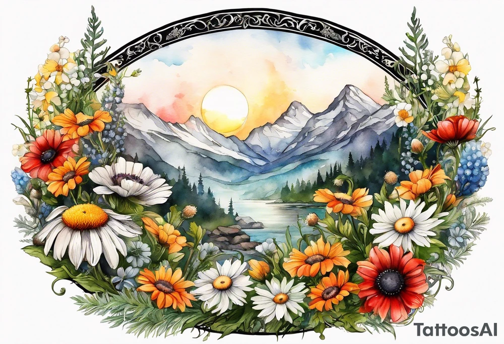 an oval of wildflowers cascading with thistles, ferns, white anemones, sun flowers, red flowers, black flowers, buttercups, orange flowers, babys breath and daisies all in watercolor tattoo idea