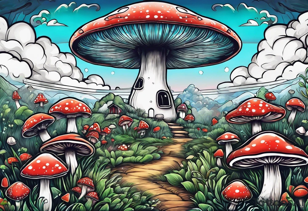 field of mushrooms with ufo in sky tattoo idea