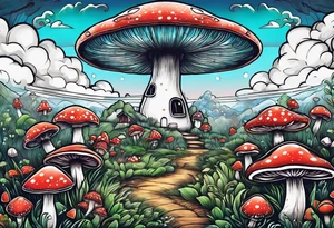 field of mushrooms with ufo in sky tattoo idea