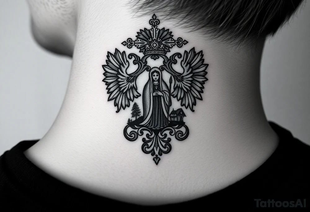 Traditional authentic Russian coat of arms with a Christian orthodox virgin marry in the middle and silhouette in a Russian wilderness Christian orthodoxy village setting tattoo idea