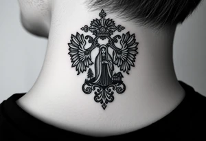 Traditional authentic Russian coat of arms with a Christian orthodox virgin marry in the middle and silhouette in a Russian wilderness Christian orthodoxy village setting tattoo idea