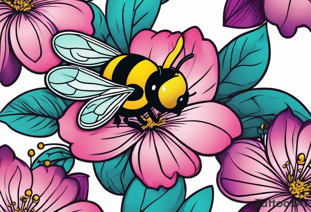 A beautiful detailed pink, purple, and teal Hawaiian jasmine flower with 2 tiny adorable baby bumblebees landing on the petals tattoo idea