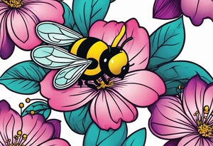 A beautiful detailed pink, purple, and teal Hawaiian jasmine flower with 2 tiny adorable baby bumblebees landing on the petals tattoo idea