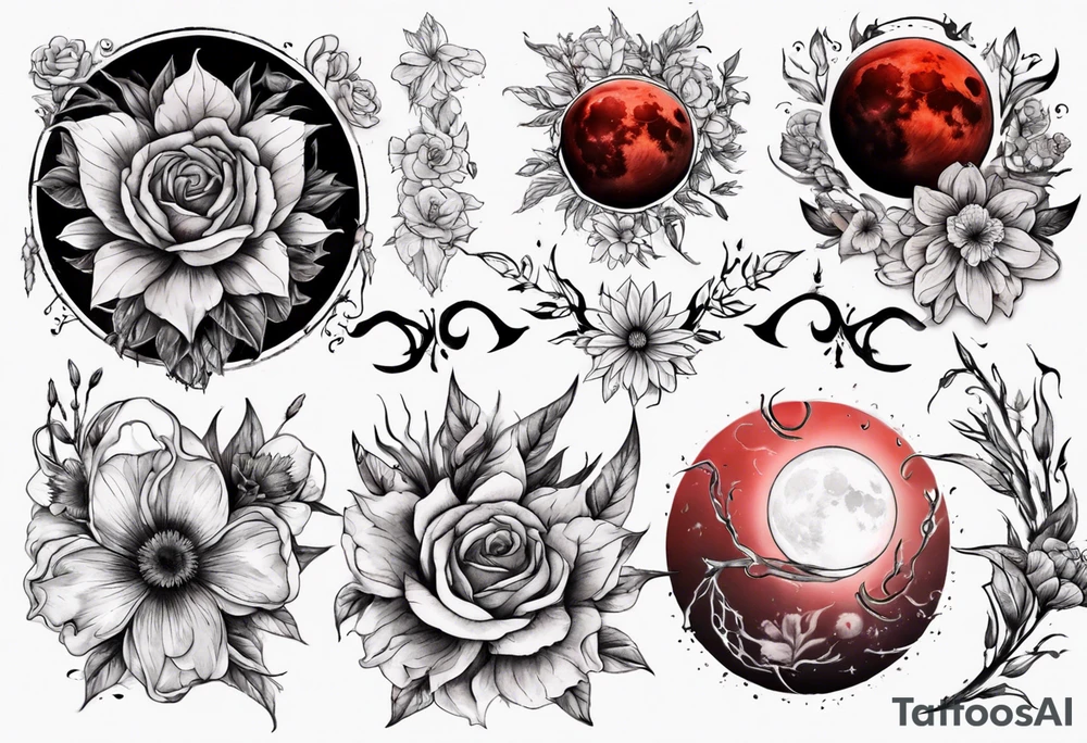 Blood moon with flowers around it tattoo idea