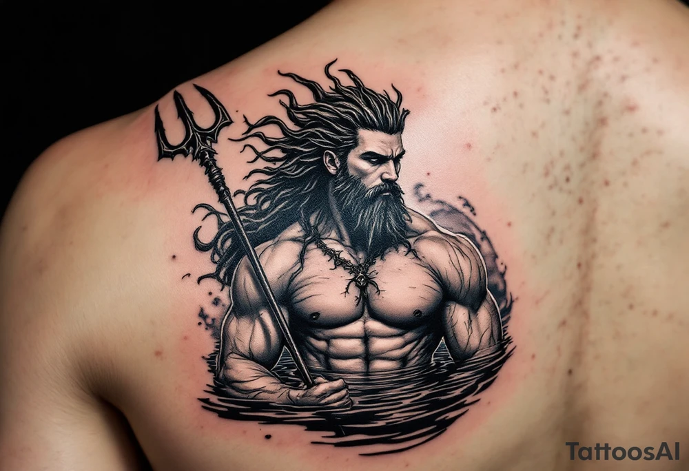 fit young poseidon, with trident, in calm water tattoo idea