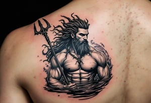 fit young poseidon, with trident, in calm water tattoo idea