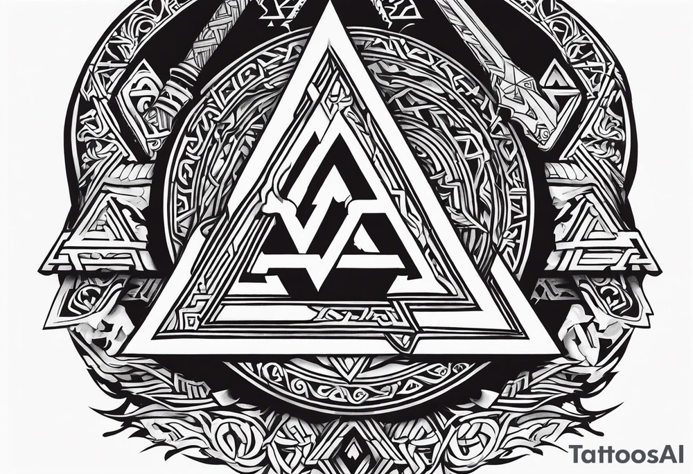 Valhalla sword shield axe Valknut fog tattoo idea