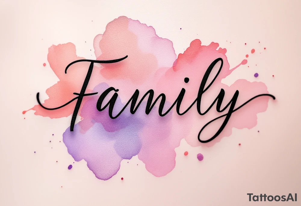 A watercolor splash in dusty rose and lavender behind the word family in sleek black ink. tattoo idea