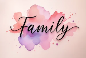 A watercolor splash in dusty rose and lavender behind the word family in sleek black ink. tattoo idea