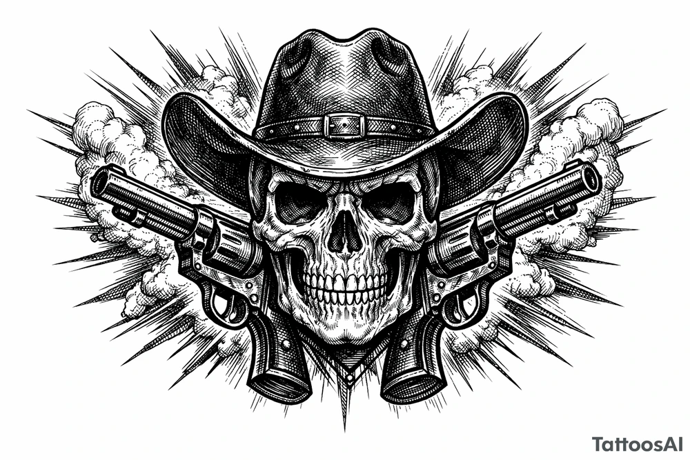 Skull with cowboy hat, pistols bursting from background, vintage engraving style. tattoo idea