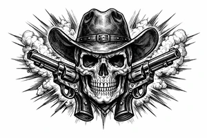 Skull with cowboy hat, pistols bursting from background, vintage engraving style. tattoo idea