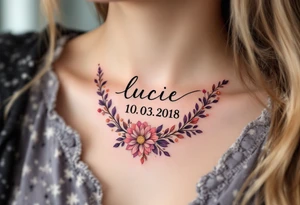 Lucie 10. 03. 2018) – A rosy peach and deep purple floral wreath, wrapping around Lucie's birthdate, with gold filigree detailing. tattoo idea