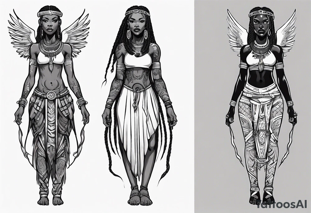 African female Viking  angel full body 
slim long face small mouth long braided hair tattoo idea