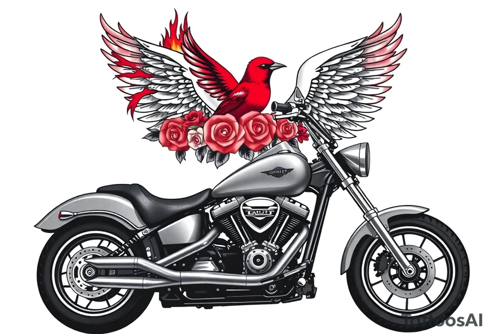 Harley grey motorcycle driving away, two red birds flying, roses, flames, angel wings tattoo idea